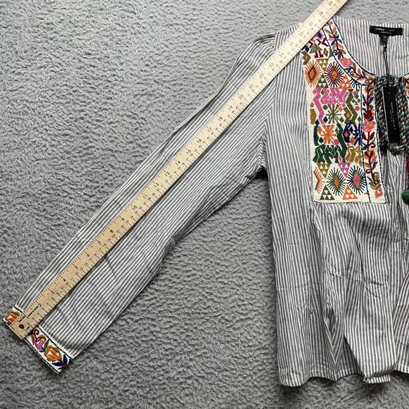 Boho Blouse Womens Medium Blue Striped Embroidery Open Front Top Farmhouse NWT - Picture 15 of 15